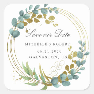 gold eucalyptus greenery Save The Date Square  Sticker