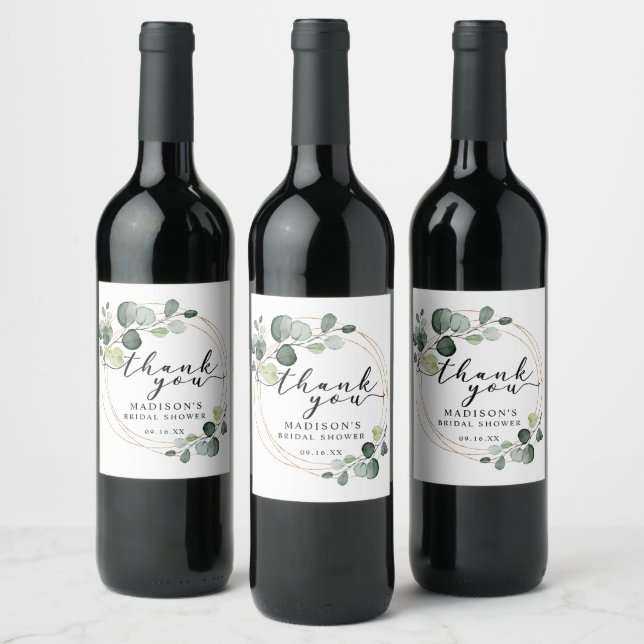 Gold Eucalyptus Greenery Thank You Bridal Shower Wine Label (Bottles)