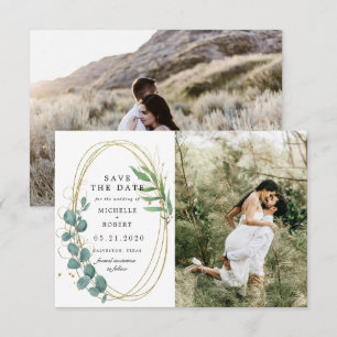 Gold Eucalyptus Greenery Two Photo Save The Date Invitation