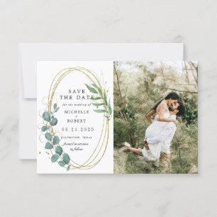 gold eucalyptus greenery two Photo Save The Date  Invitation