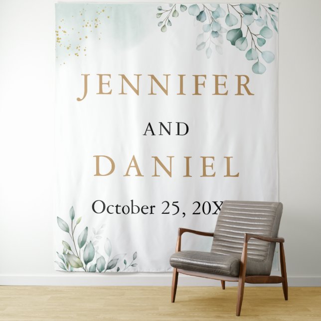 Gold Eucalyptus Greenery Wedding Booth Backdrop Tapestry (In Situ)