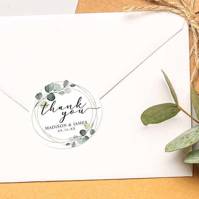 Gold Eucalyptus Greenery Wedding Thank You Classic Round Sticker (Creator Uploaded)