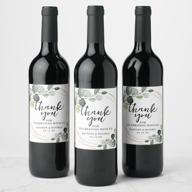 Gold Eucalyptus Greenery Wedding Wine Label (Bottles)