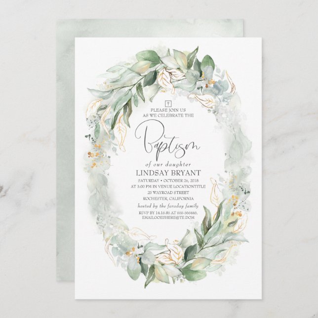 Gold Eucalyptus Greenery Wreath Boho Baptism Invitation (Front/Back)