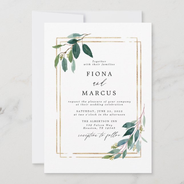 Gold Eucalyptus Leaf Wedding Invitation (Front)