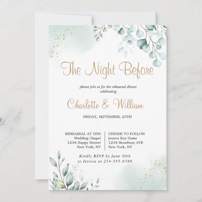 Gold Eucalyptus Leaves Greenery Rehearsal Dinner Invitation (Front)