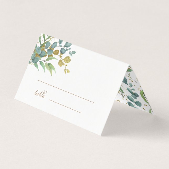gold eucalyptus leaves greenery wedding table card (Front)
