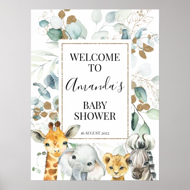 Gold Eucalyptus Safari Baby Shower Welcome Sign (Front)