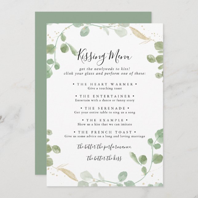Gold Eucalyptus Wedding Kissing Menu Game Card (Front/Back)