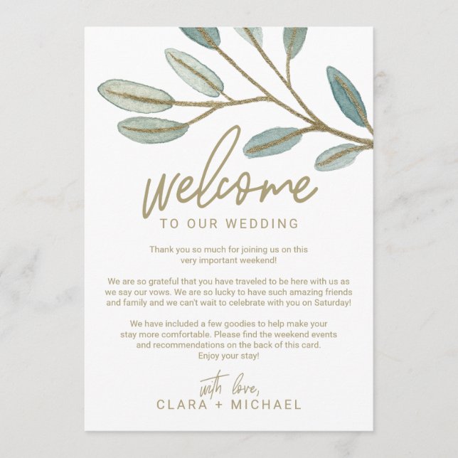 Gold Eucalyptus Wedding Welcome Letter & Itinerary Programme (Front)