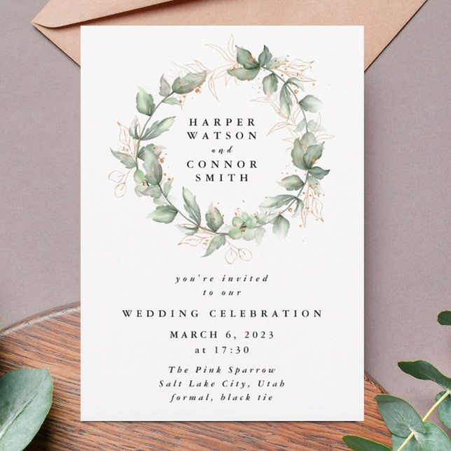 Gold Eucalyptus Wedding Wreath Greenery Moss Sages Invitation (Creator Uploaded)