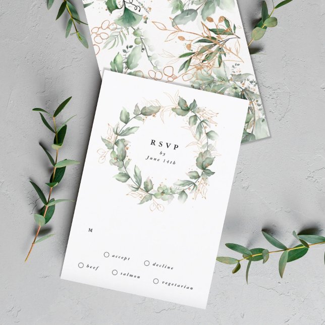 Gold Eucalyptus Wedding Wreath Greenery Moss Sages RSVP Card (Creator Uploaded)