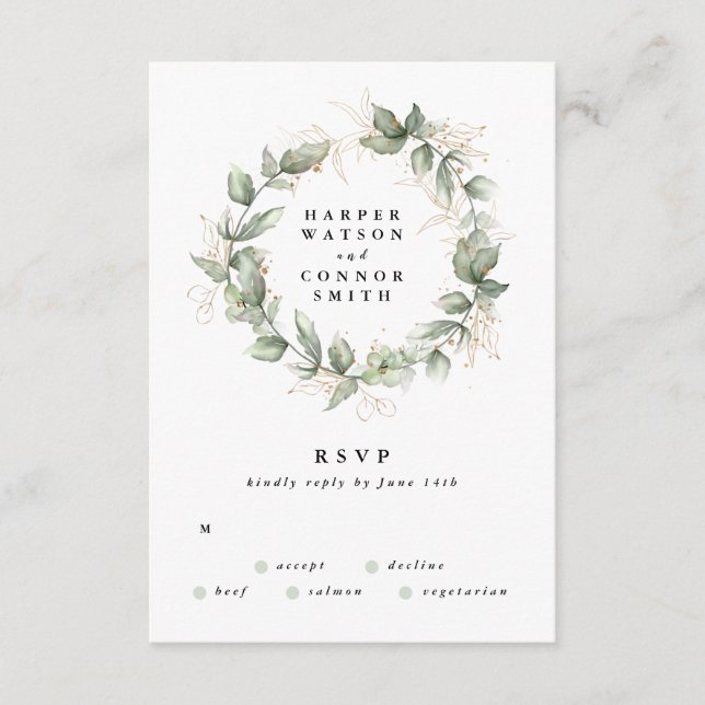 Gold Eucalyptus Wedding Wreath Greenery Moss Sages RSVP Card (Front)