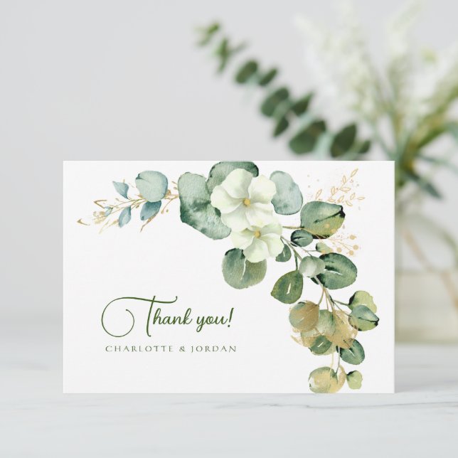 Gold Eucalyptus Wreath Green Sea Glass Thank You Card (Standing Front)