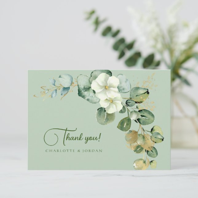 Gold Eucalyptus Wreath Green Sea Glass Thank You Card (Standing Front)