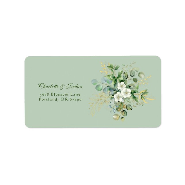 Gold Eucalyptus Wreath Green Sea Glass Wedding Label (Front)