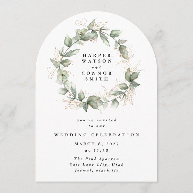 Gold Eucalyptus Wreath Greenery Moss Sage Arch Invitation (Front)