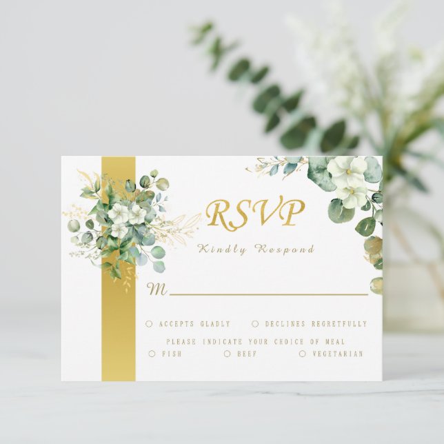 Gold Eucalyptus Wreath Sage Green Rustic Wedding  RSVP Card (Standing Front)