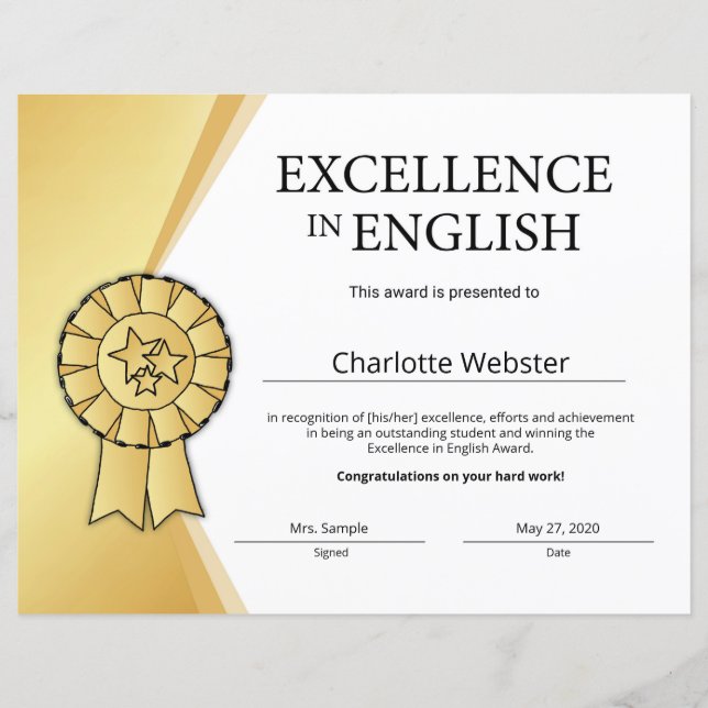 Gold Excellence in English Certificate Award (Front)