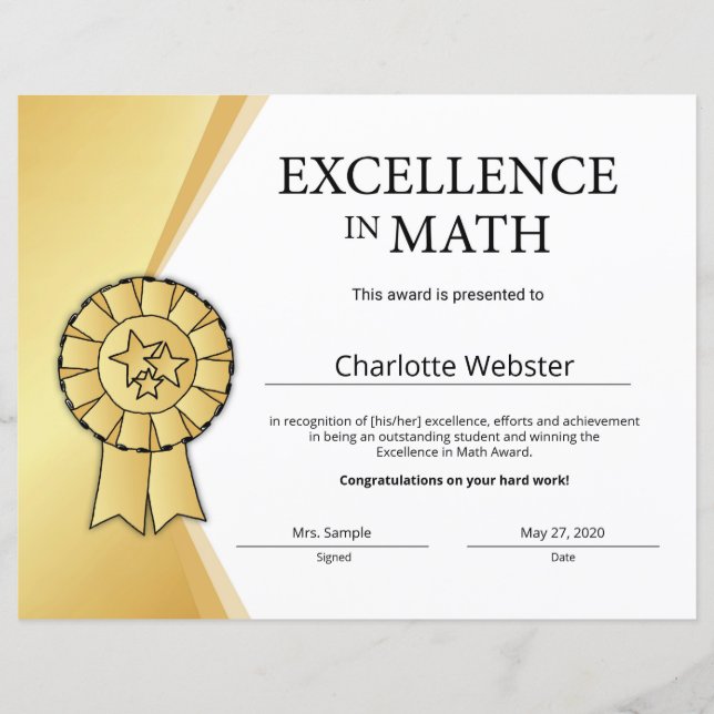 Gold Excellence in Math Certificate Award (Front)