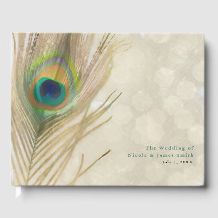 Gold Exotic Peacock Feather Elegant Wedding Guest Book