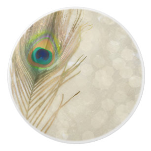 Gold Exotic Peacock Feather Glam Elegant Chic Ceramic Knob
