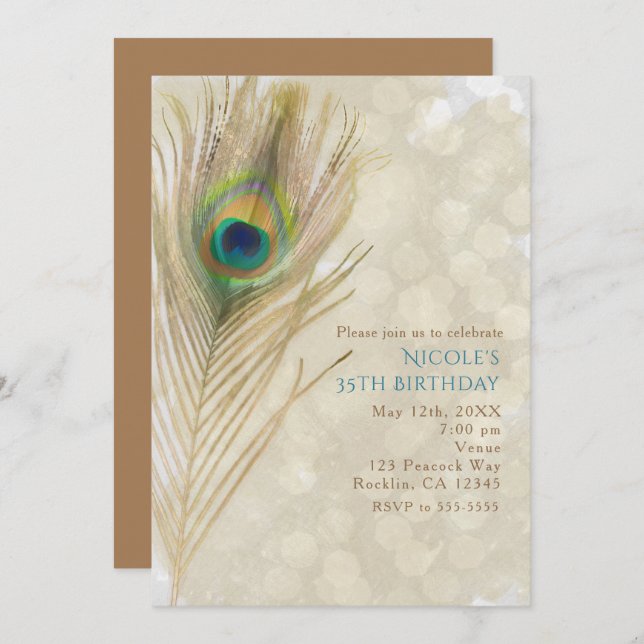Gold Exotic Peacock Feather Glam Party Invitations (Front/Back)