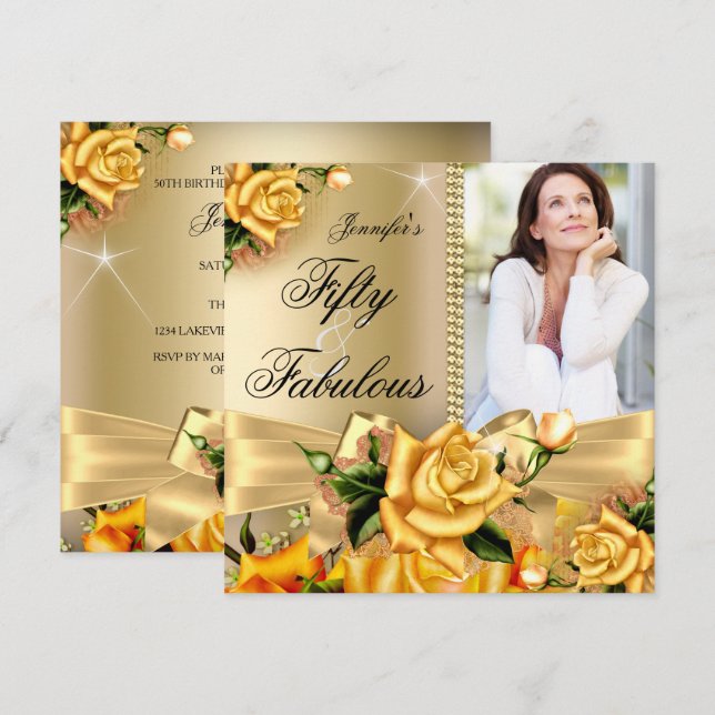 Gold Fabulous 50 Photo Yellow Rose Birthday 3 Invitation (Front/Back)