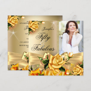Gold Fabulous 50 Photo Yellow Rose Birthday 3 Invitation