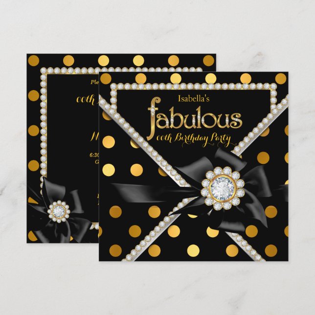 Gold Fabulous Birthday Party Black Gold Polka Dots Invitation (Front/Back)