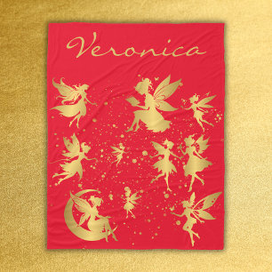 Gold Fairies with Pixie Dust on Red Monogram Fleece Blanket