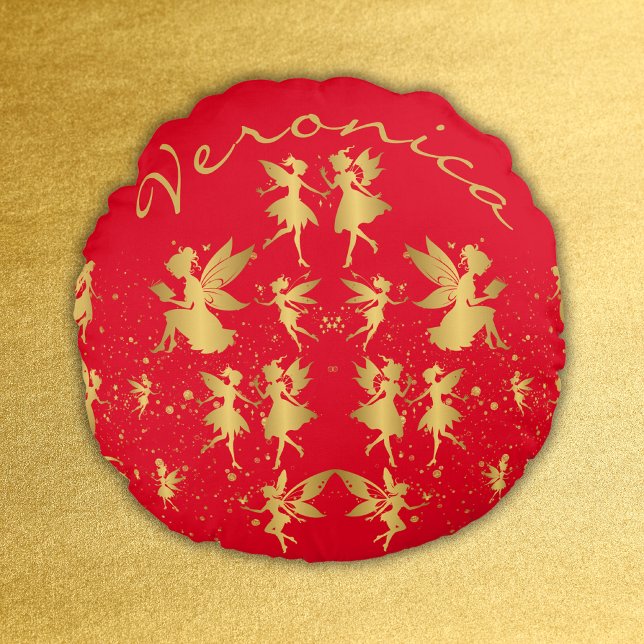 Gold Fairies with Pixie Dust on Red Monogram | Round Cushion (Creator Uploaded)