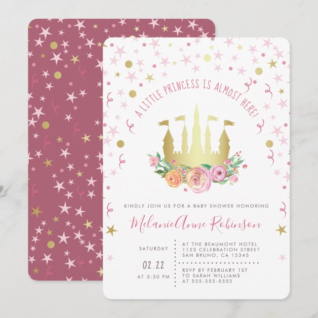Gold Fairy Castle Twinkle Star Little Princess Invitation (Front/Back)