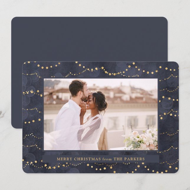 Gold Fairy Lights | Elegant One Photo Christmas Holiday Card (Front/Back)