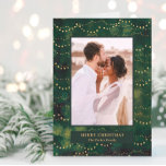 Gold Fairy Lights | Elegant One Photo Holiday Card<br><div class="desc">This modern card features a rich,  emerald green background with elegant faux gold fairy lights,  and your favourite personal photo in the centre.</div>