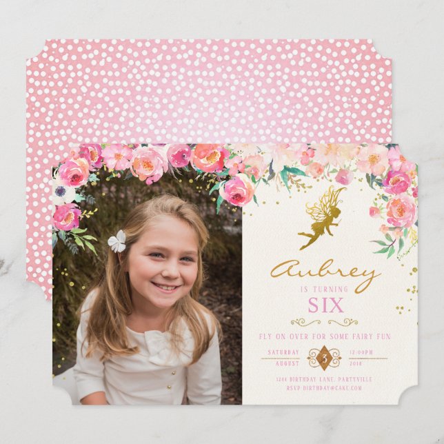 Gold Fairy Pink Floral Birthday Invitation (Front/Back)