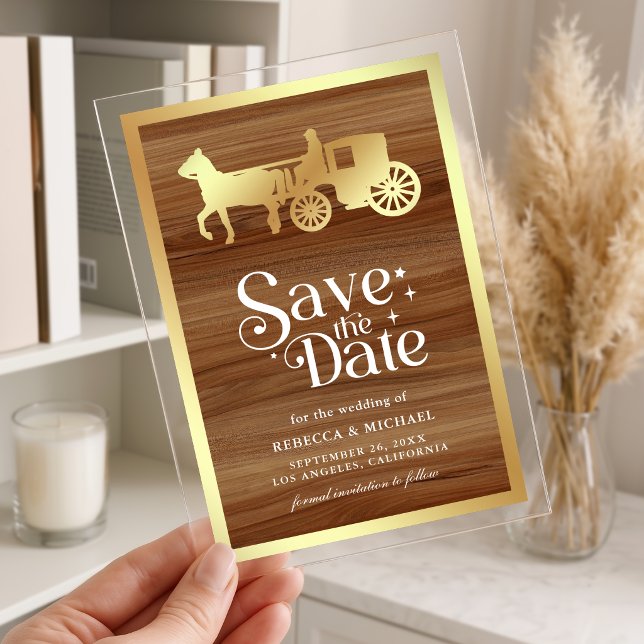 Gold Fairytale Carriage Wedding Save the Date Acrylic Invitations (Creator Uploaded)