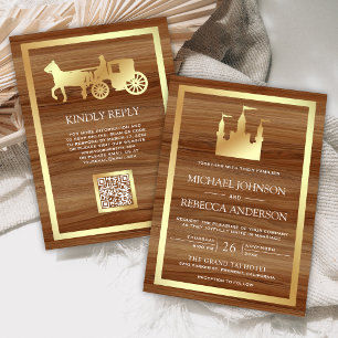 Gold Fairytale Castle Carriage QR Code Wedding Invitation