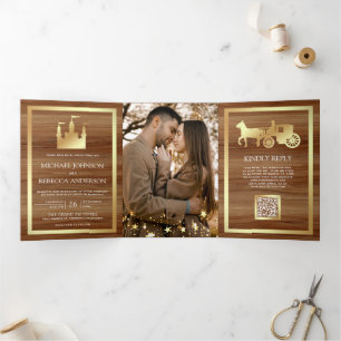 Gold Fairytale Castle Carriage QR Code Wedding Tri-Fold Invitation
