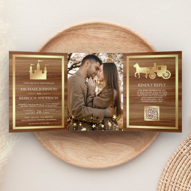 Gold Fairytale Castle Carriage QR Code Wedding Tri-Fold Invitation (Creator Uploaded)