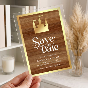 Gold Fairytale Castle Wedding Save the Date Acrylic Invitations