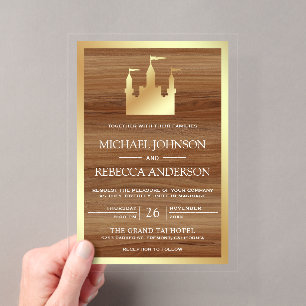 Gold Fairytale Castle Wood Wedding Acrylic Invitations