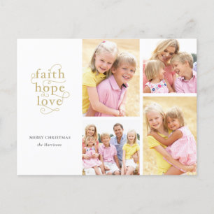 Gold Faith Hope Love 4-Photo Family Christmas Postcard