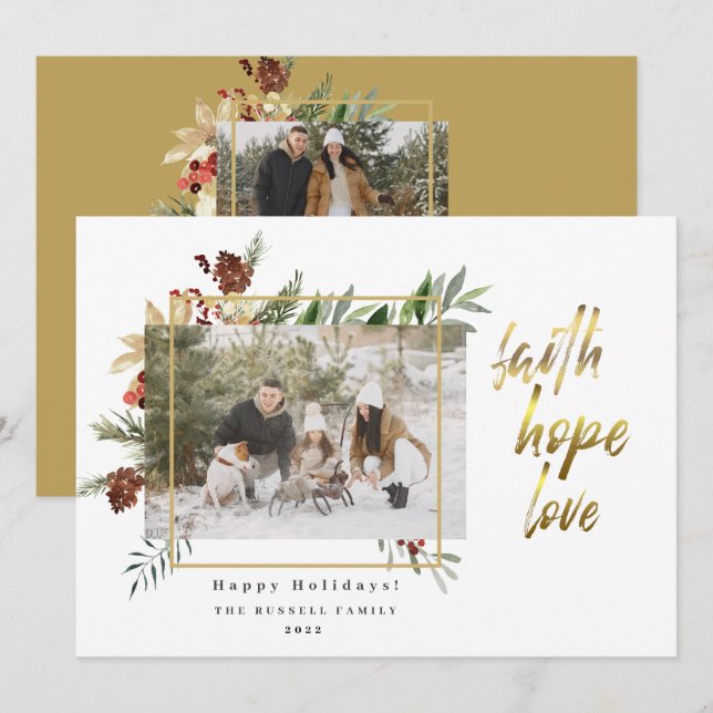 Gold Faith Hope Love Three Photo Christmas  Holiday Card (Front/Back)