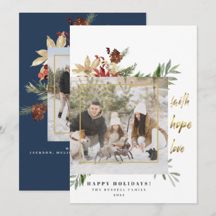 Gold Faith Hope Love Two Photo Blue Christmas Holiday Card