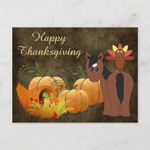 Gold Fall Cute Brown Horse and Turkey Thanksgiving Holiday Postcard