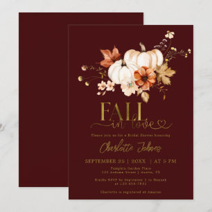 Gold Fall In Love Burgundy Pumpkin Bridal Shower Invitation