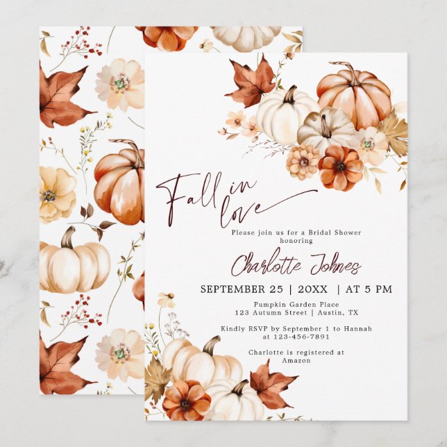 Gold Fall In Love Burgundy Pumpkin Bridal Shower Invitation (Front/Back)