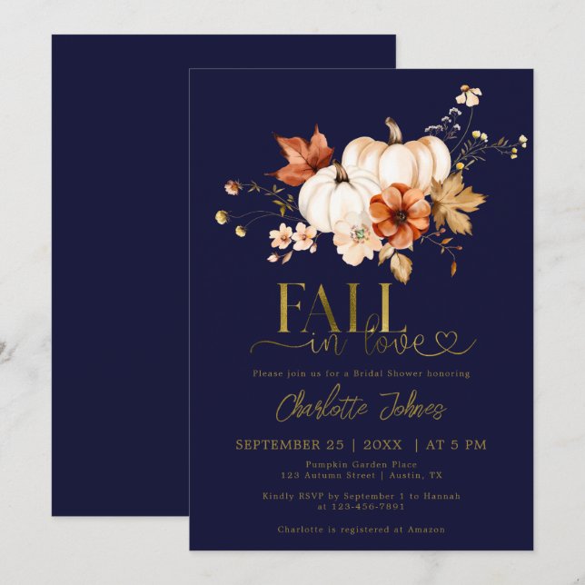 Gold Fall In Love Navy Cream Pumpkin Bridal Shower Invitation (Front/Back)