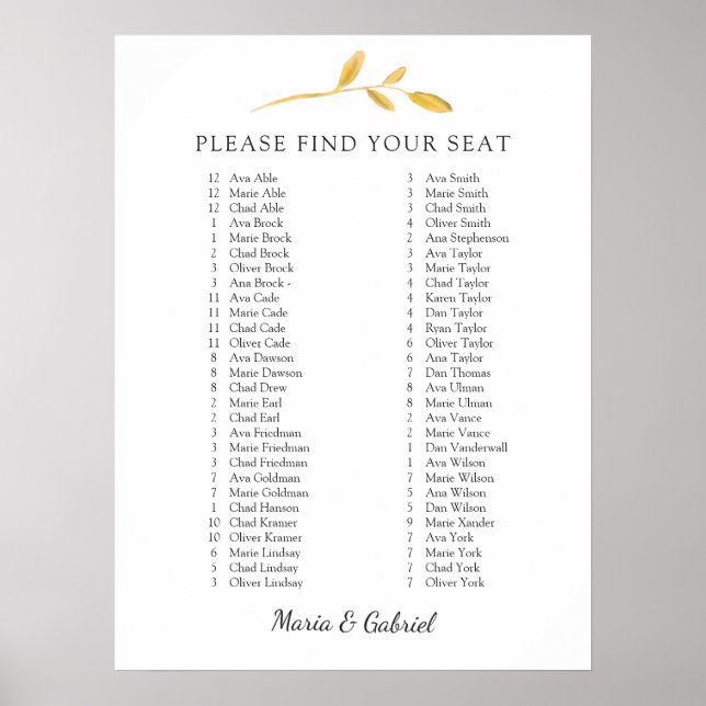 Gold fall leaf. Elegant Wedding Seating Chart (Front)